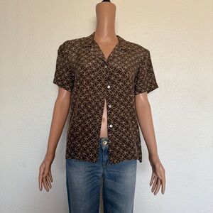 SOLD Vintage Clio Silk Brown Short Sleeve Button Up